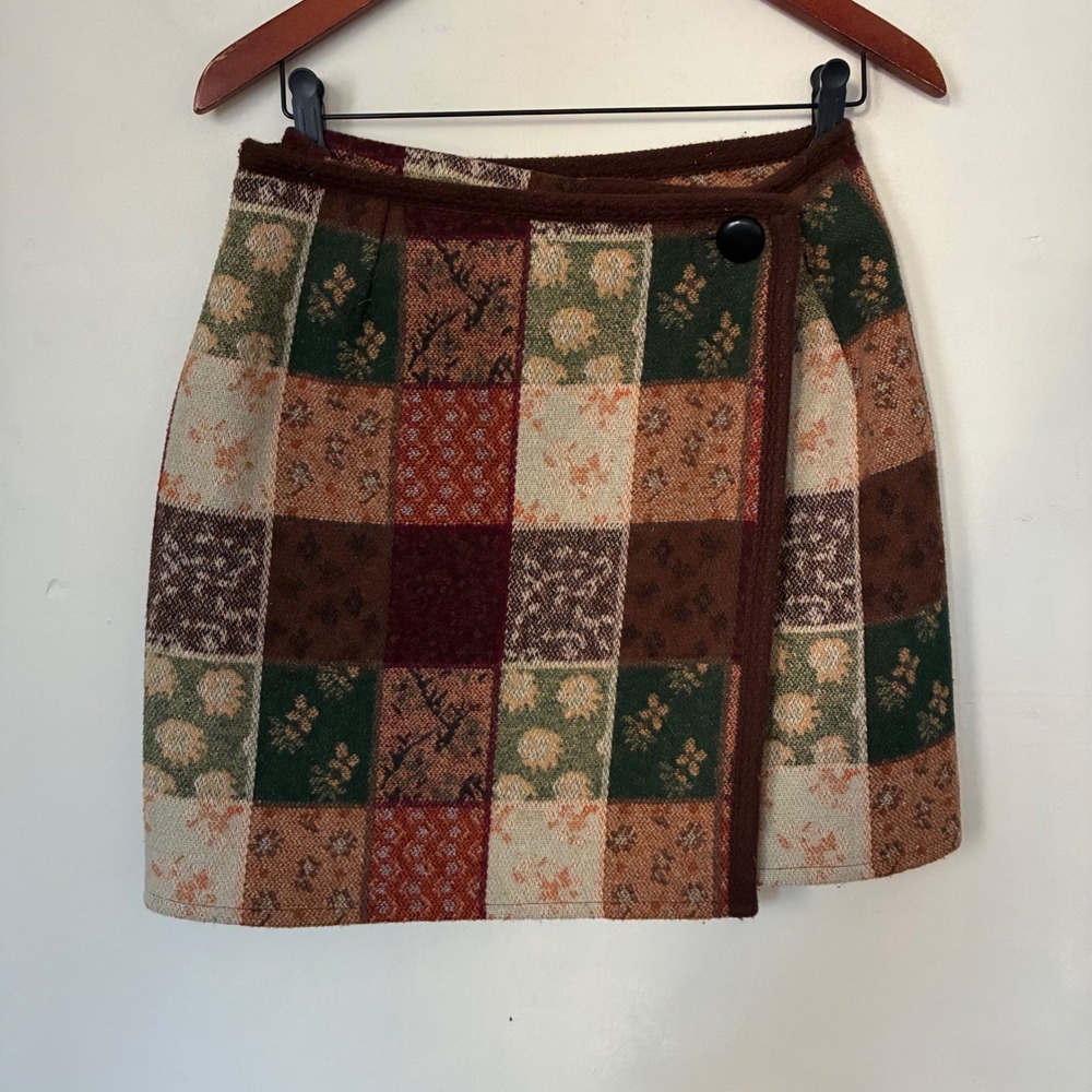 The Limited Vintage Wool Blend Patchwork Wrap Mini Skirt Brown Green Floral L